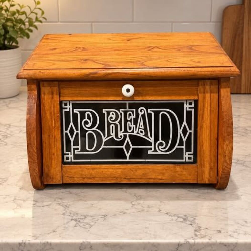 Cornwall Wood Bread Box Black Glass Drop Front 1970's Vtg Country Kitchen USA